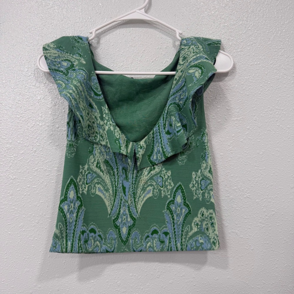 Zara Green Jacquard Knit Ruffle Collar Paisley Damask Crop Top Medium